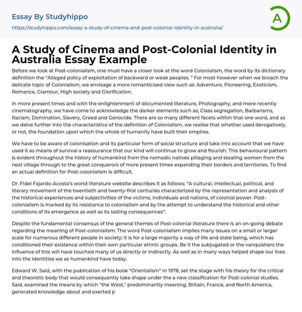 A Study of Cinema and Post-Colonial Identity in Australia Essay Example
