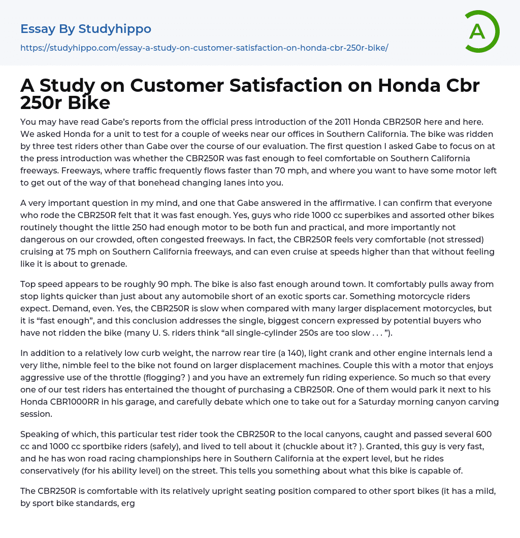 A Study on Customer Satisfaction on Honda Essay Example