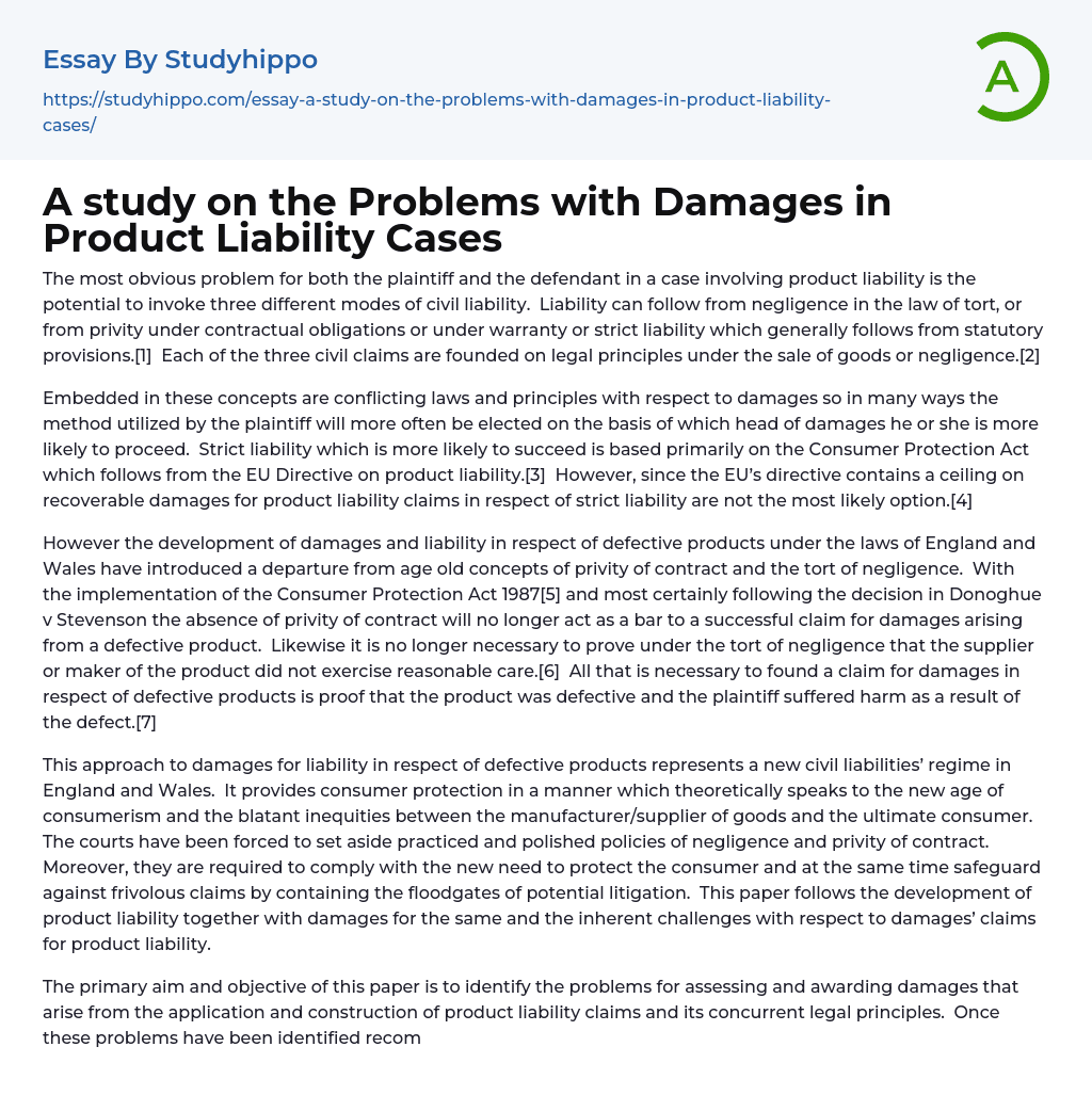 A study on the Problems with Damages in Product Liability Cases Essay Example