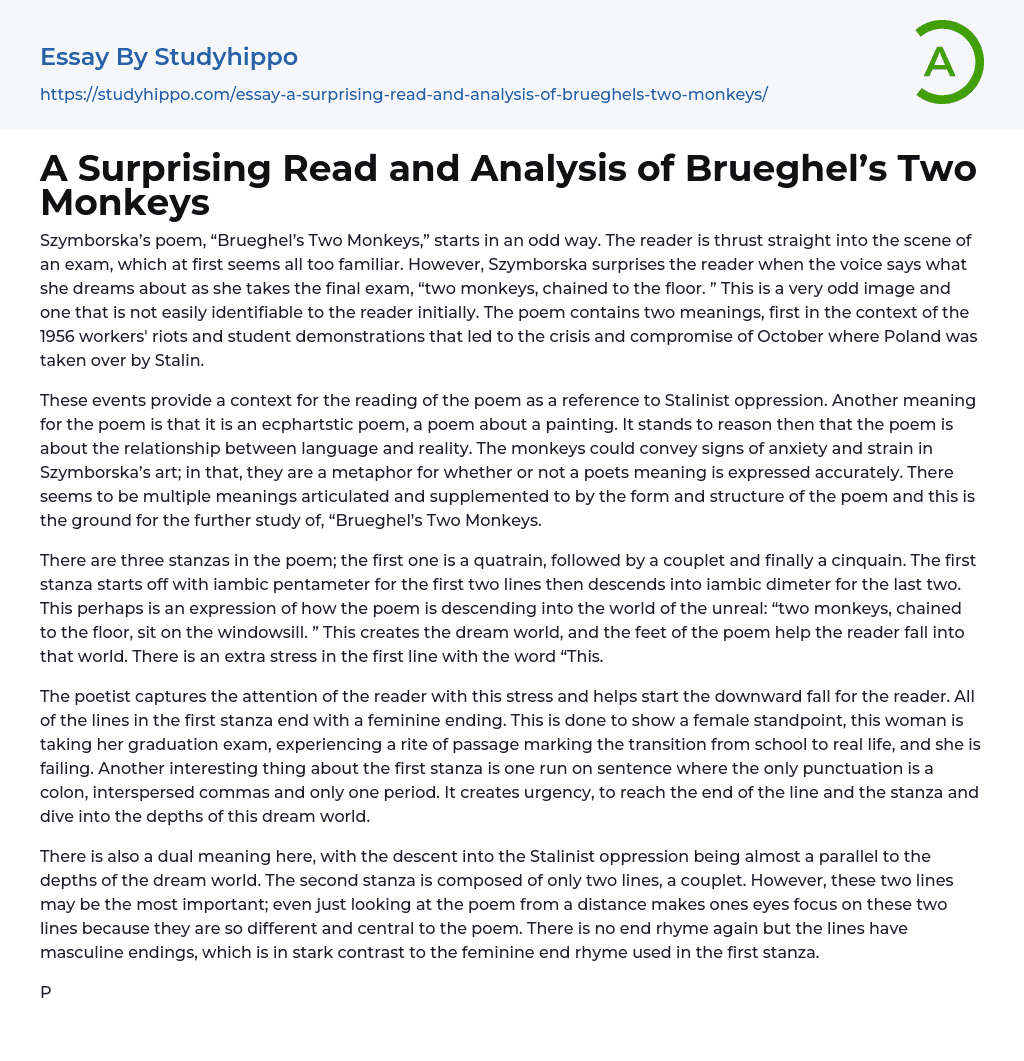 A Surprising Read and Analysis of Brueghel’s Two Monkeys Essay Example