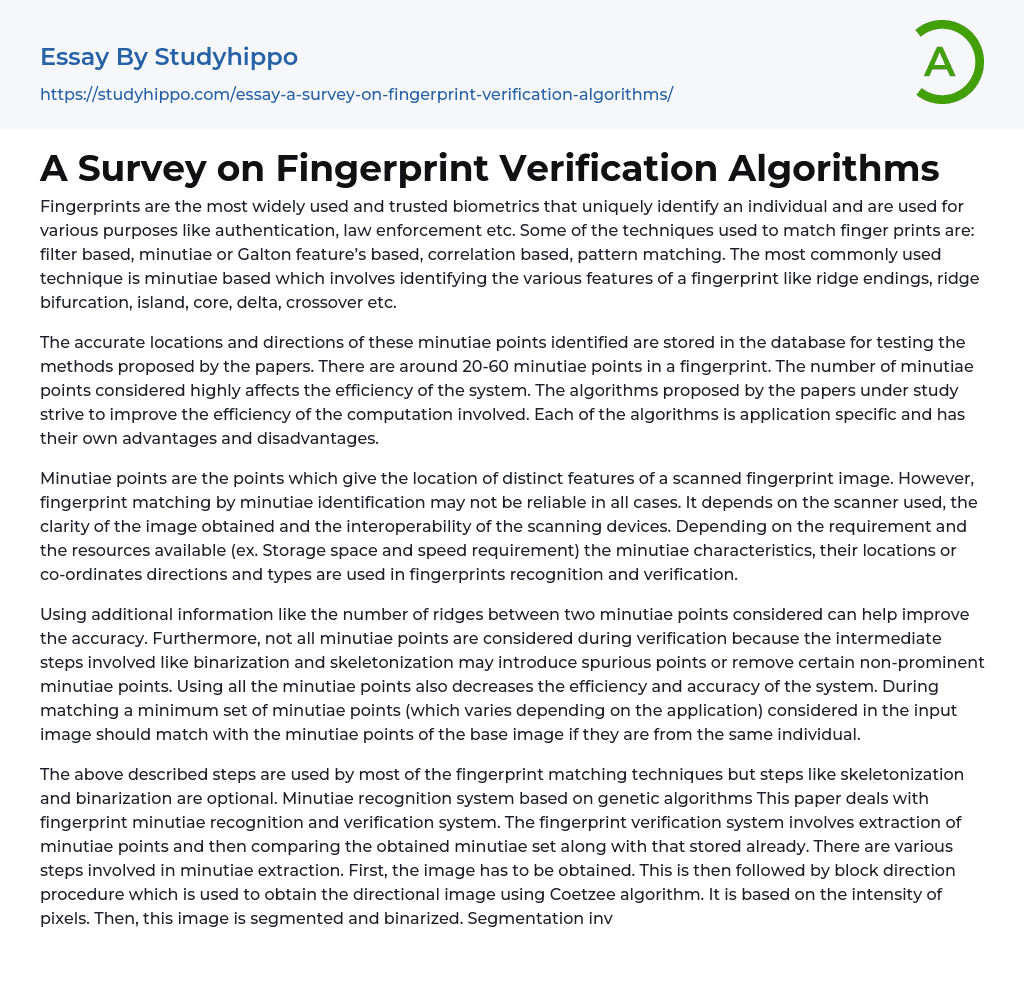 A Survey on Fingerprint Verification Algorithms Essay Example