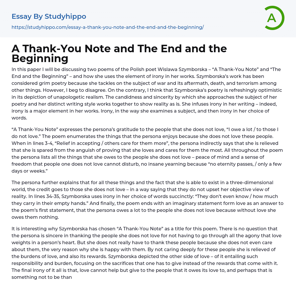 A Thank-You Note and The End and the Beginning Essay Example