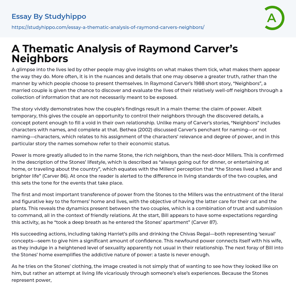 A Thematic Analysis of Raymond Carver’s Neighbors Essay Example