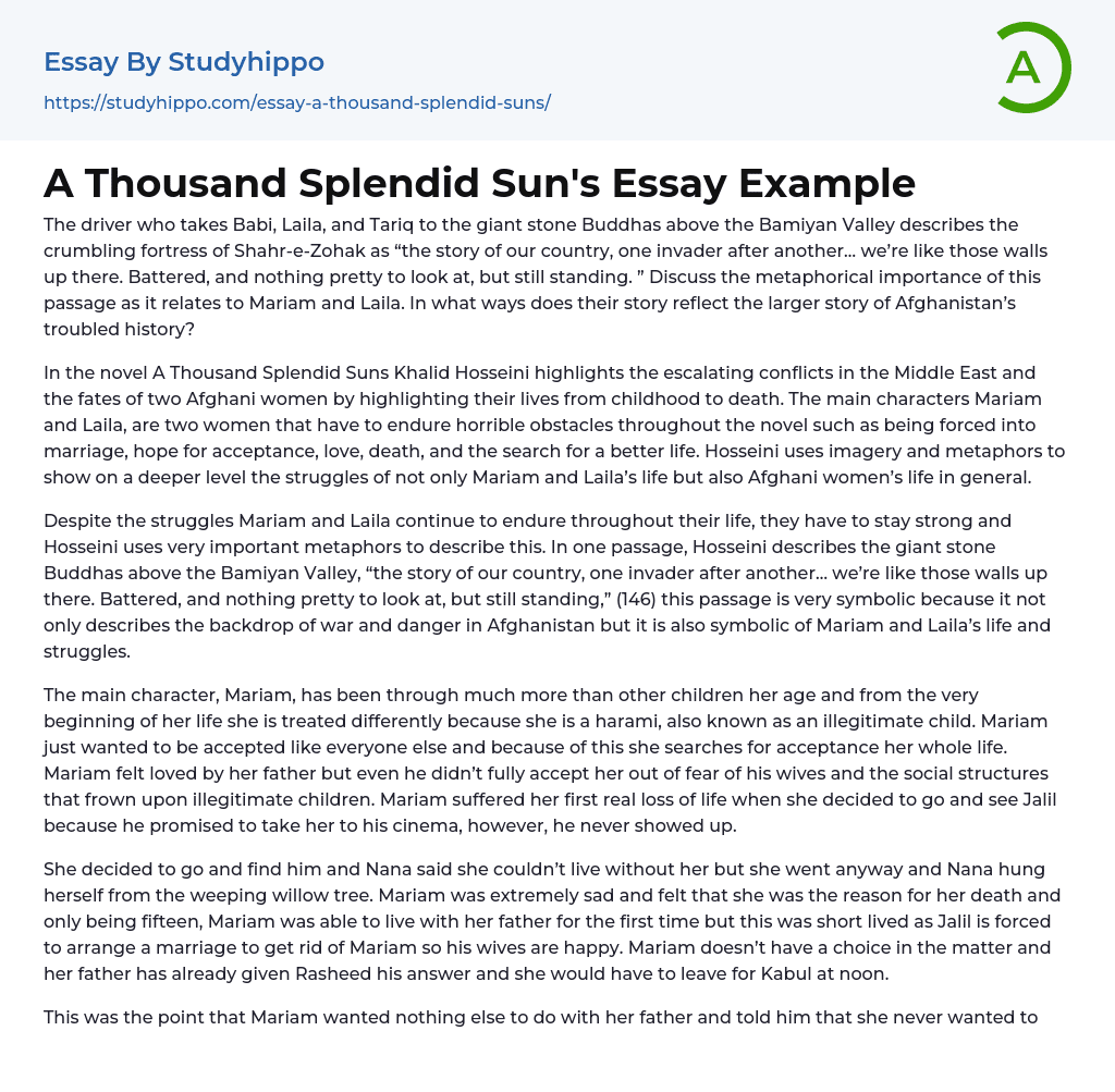 A Thousand Splendid Sun’s Essay Example