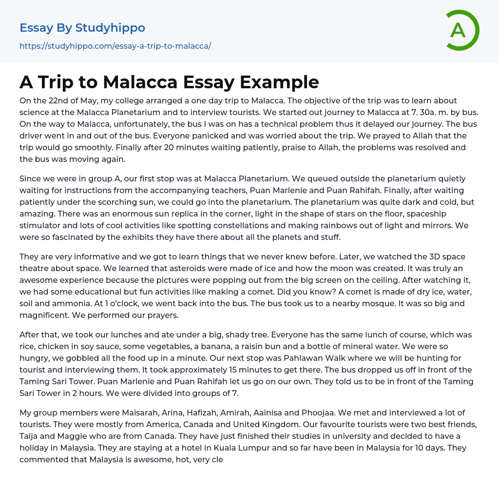 A Trip to Malacca Essay Example