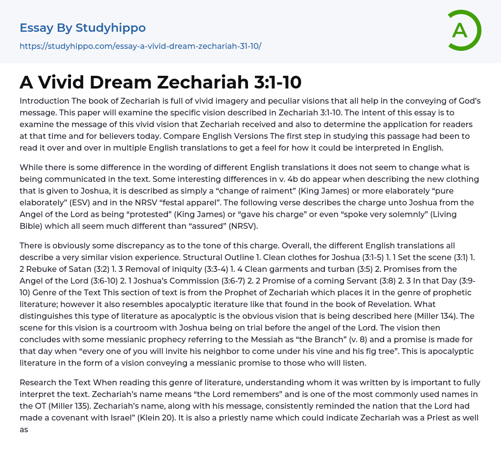 A Vivid Dream Zechariah 3:1-10 Essay Example