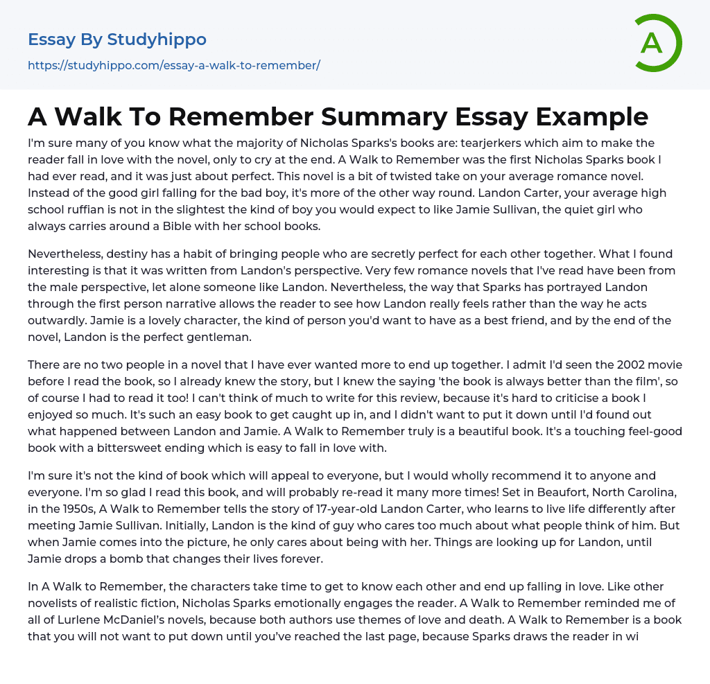 A Walk To Remember Summary Essay Example
