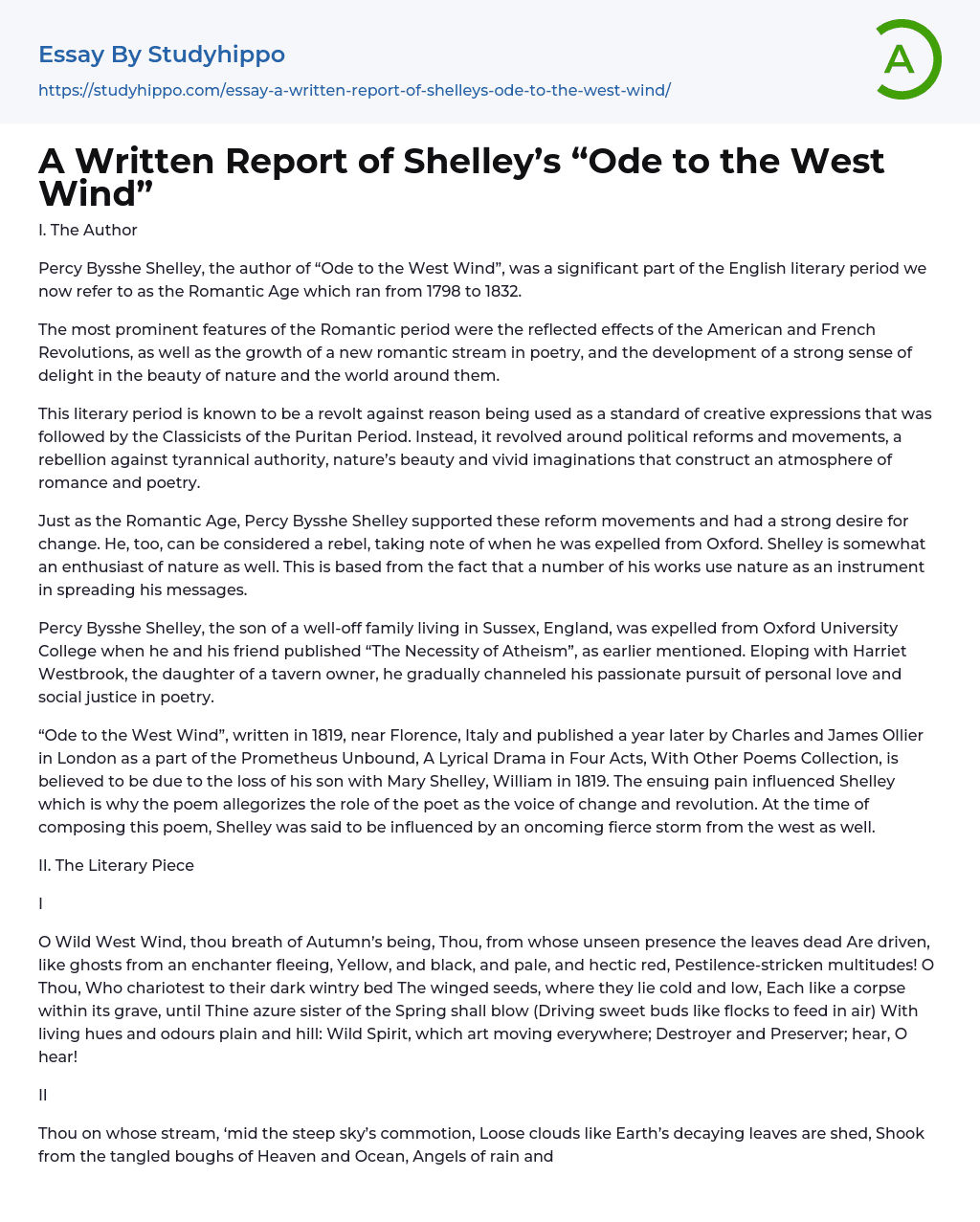 A Written Report of “Ode to the West Wind” Percy Bysshe Shelley Essay Example