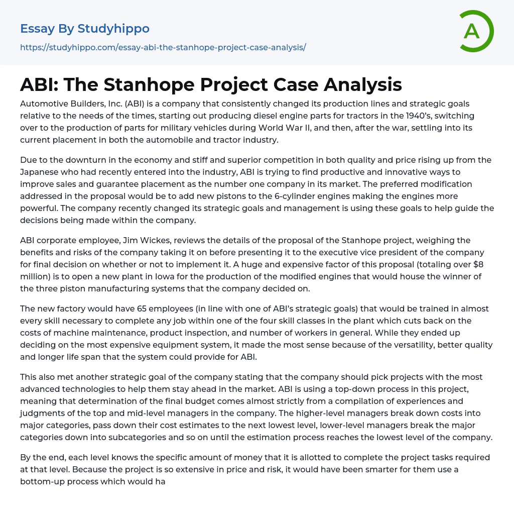 ABI: The Stanhope Project Case Analysis Essay Example