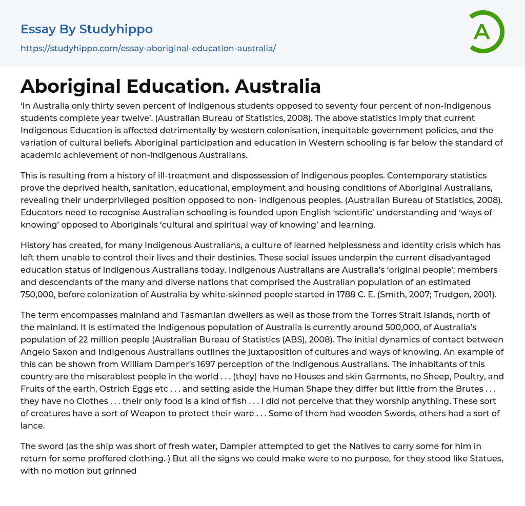 Aboriginal Education. Australia Essay Example