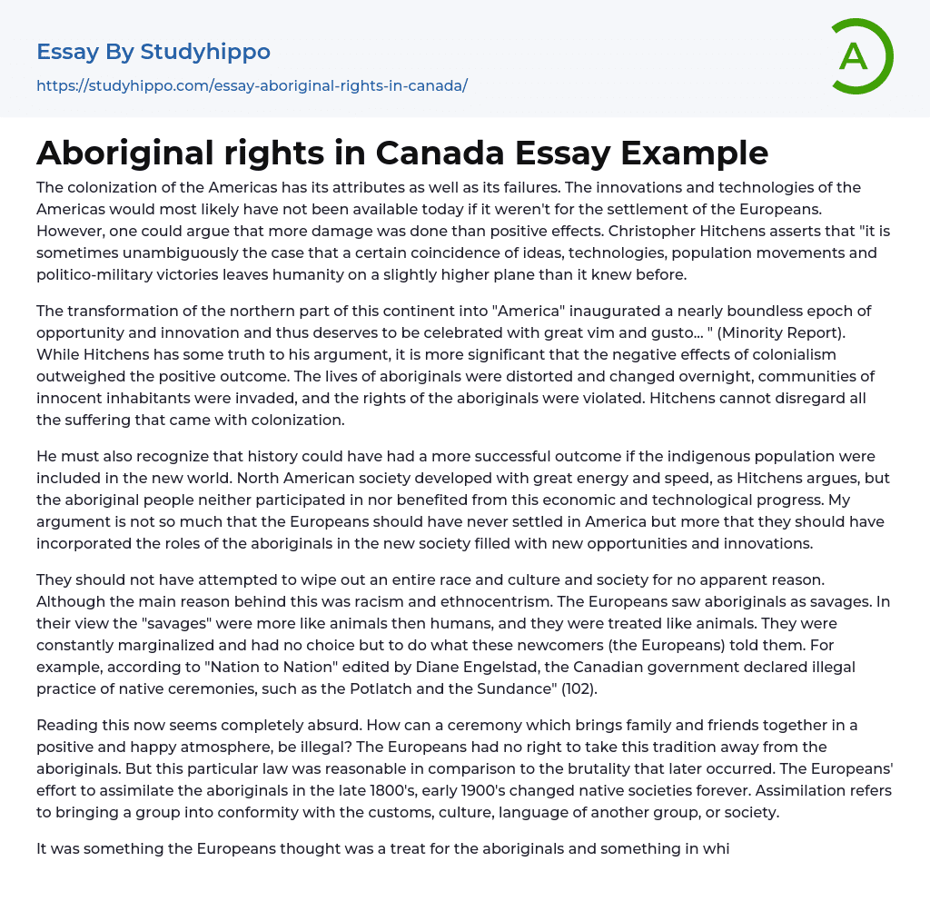 Aboriginal rights in Canada Essay Example