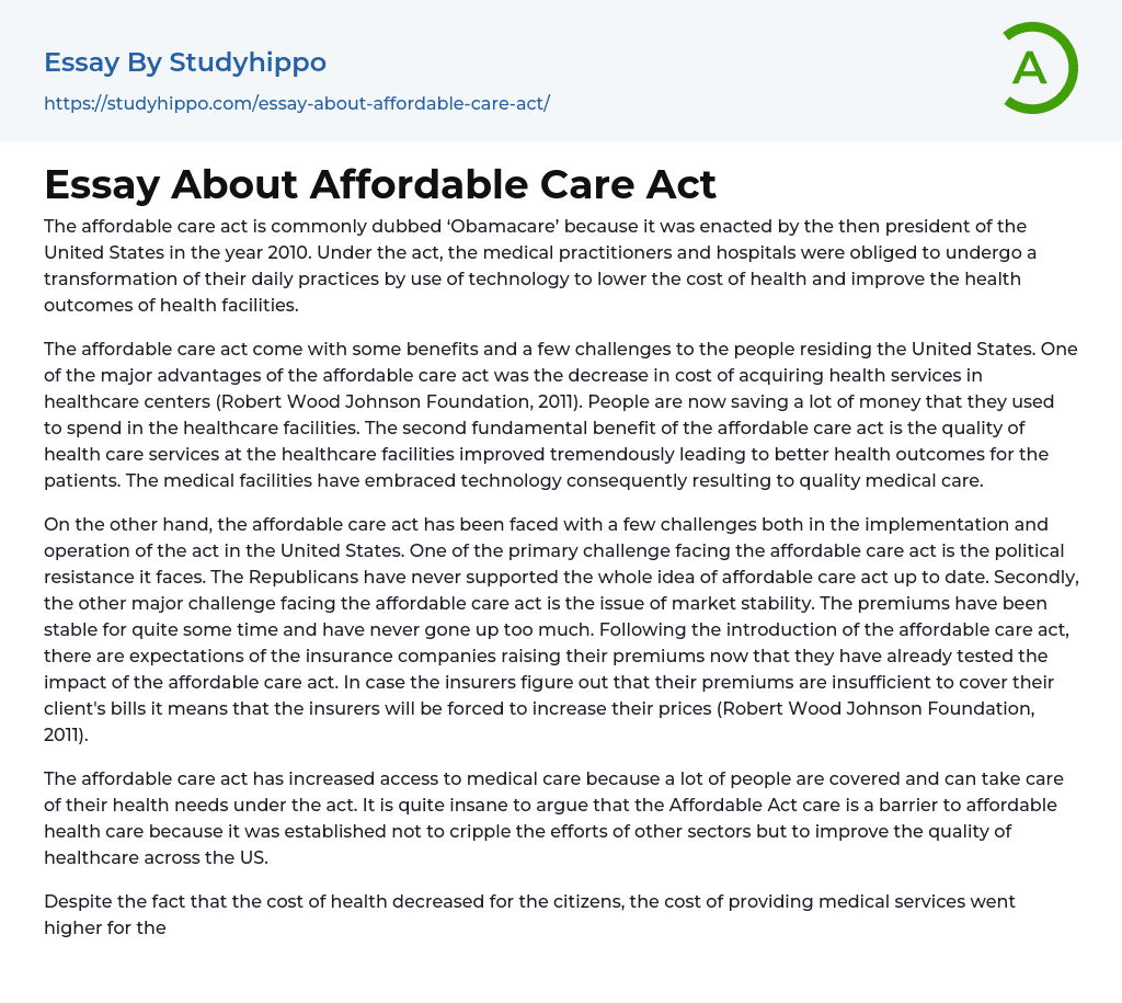 Essay About Affordable Care Act
