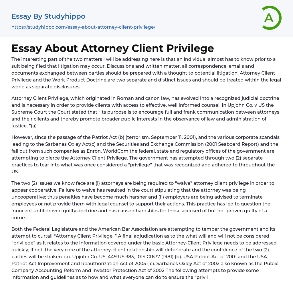 Essay About Attorney Client Privilege