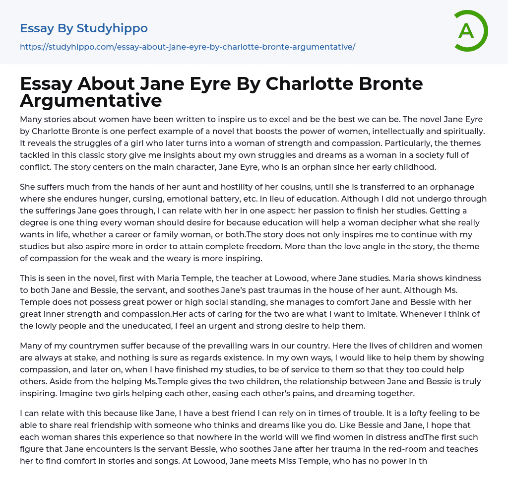Essay About Jane Eyre By Charlotte Bronte Argumentative