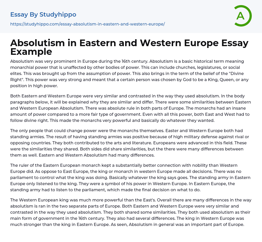 Absolutism in Eastern and Western Europe Essay Example