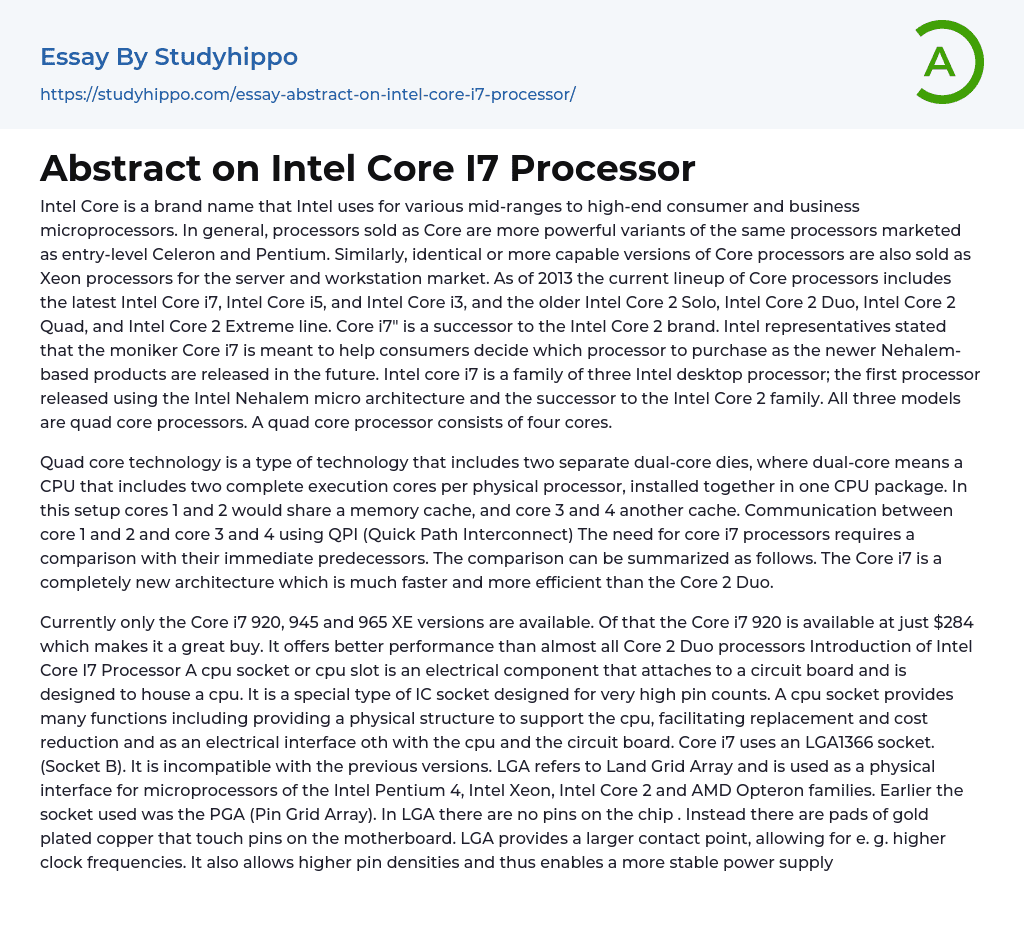 Abstract on Intel Core I7 Processor Essay Example