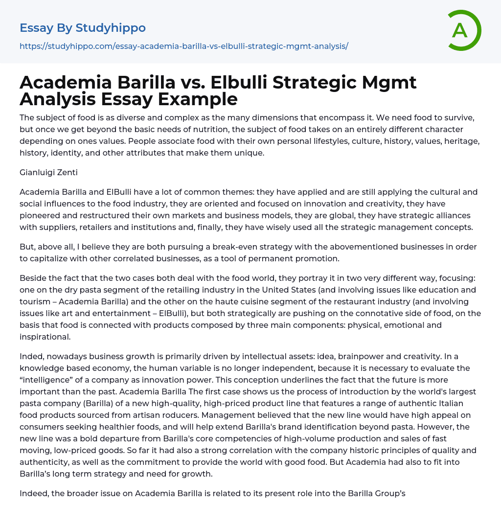 Academia Barilla vs. Elbulli Strategic Mgmt Analysis Essay Example