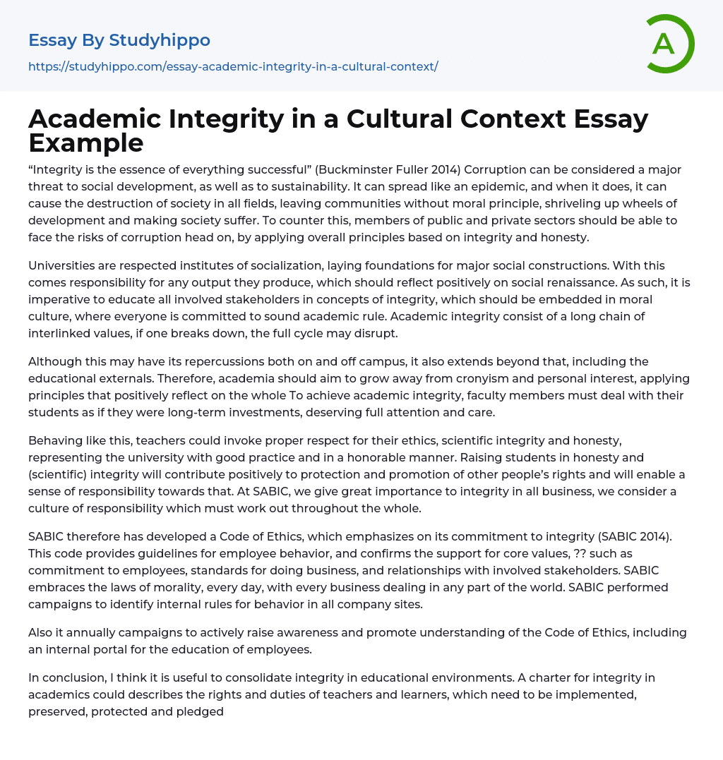 Academic Integrity in a Cultural Context Essay Example