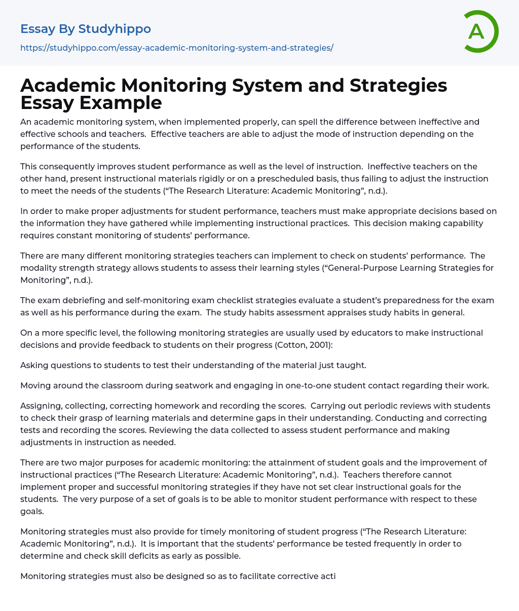 Academic Monitoring System and Strategies Essay Example