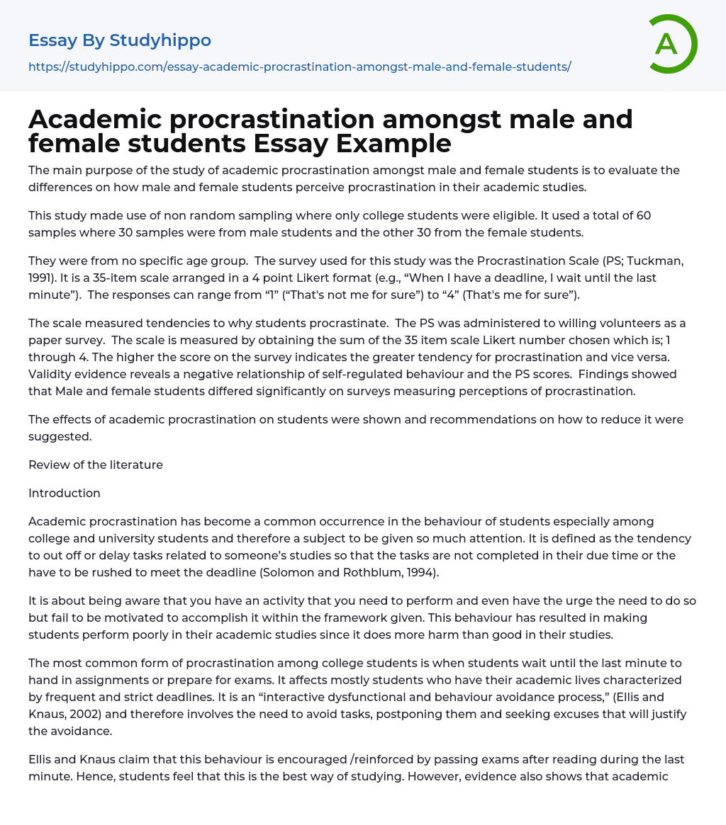Academic procrastination amongst male and female students Essay Example
