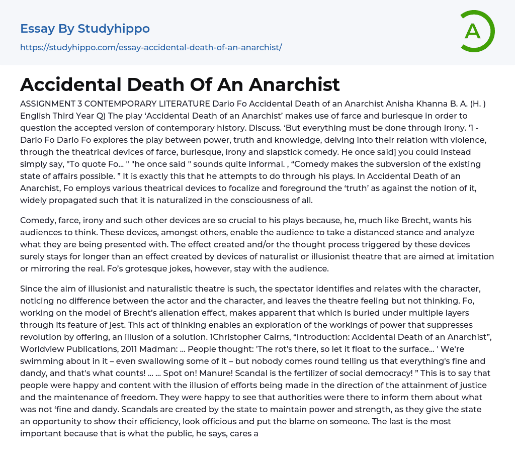 Accidental Death Of An Anarchist Essay Example