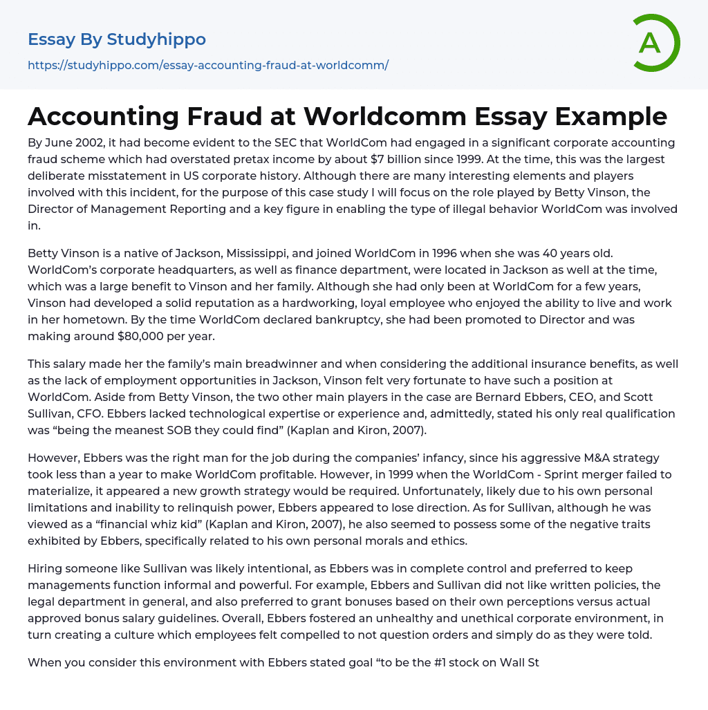 Accounting Fraud at Worldcomm Essay Example