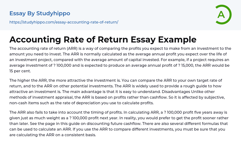 Accounting Rate of Return Essay Example
