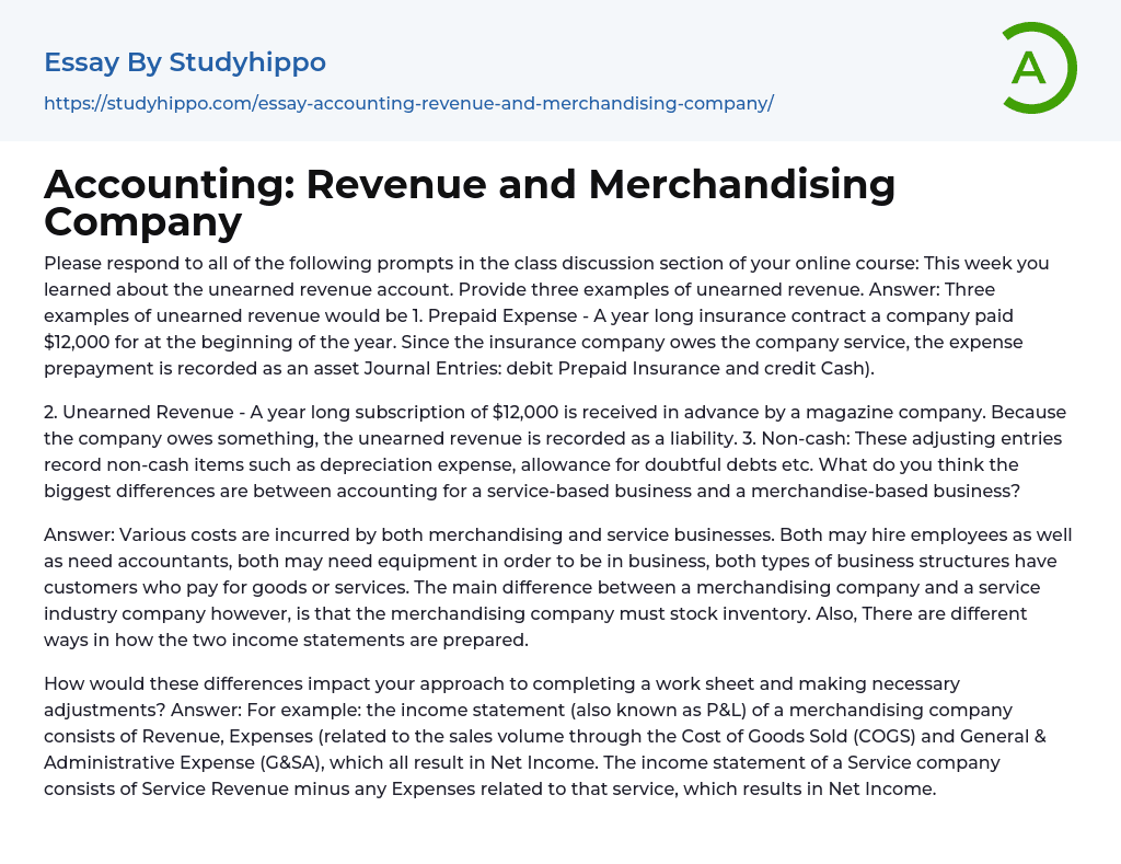 Accounting: Revenue and Merchandising Company Essay Example