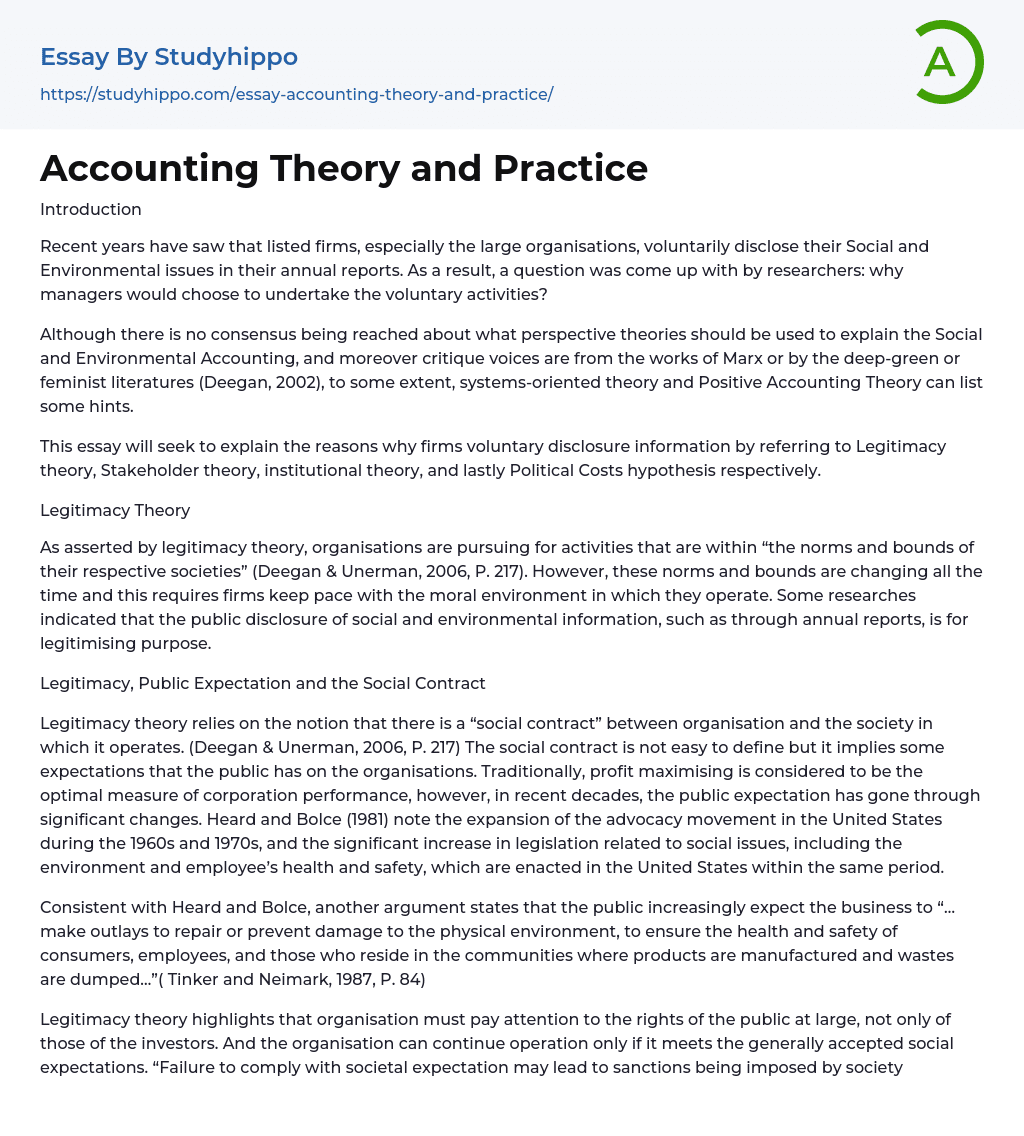 Accounting Theory and Practice Essay Example