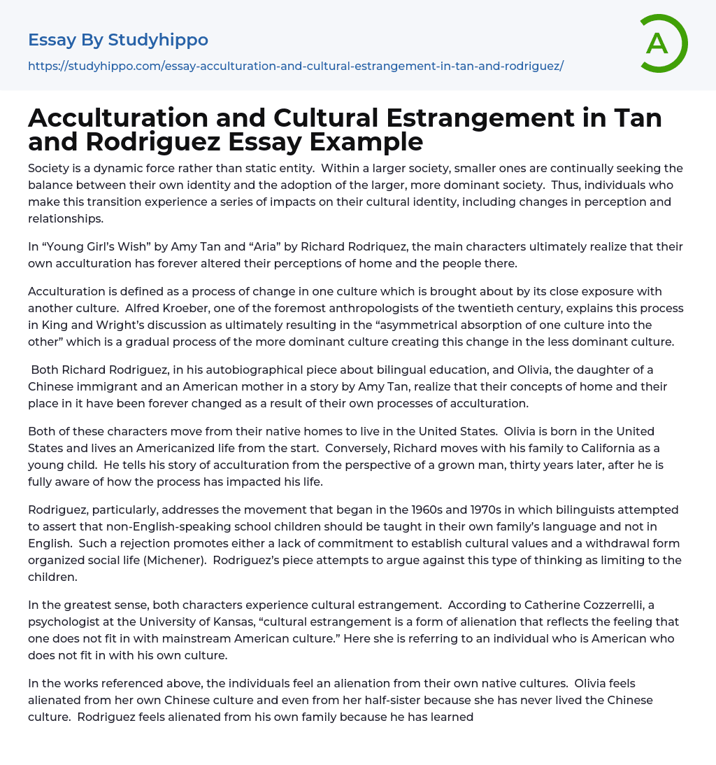 Acculturation and Cultural Estrangement in Tan and Rodriguez Essay Example