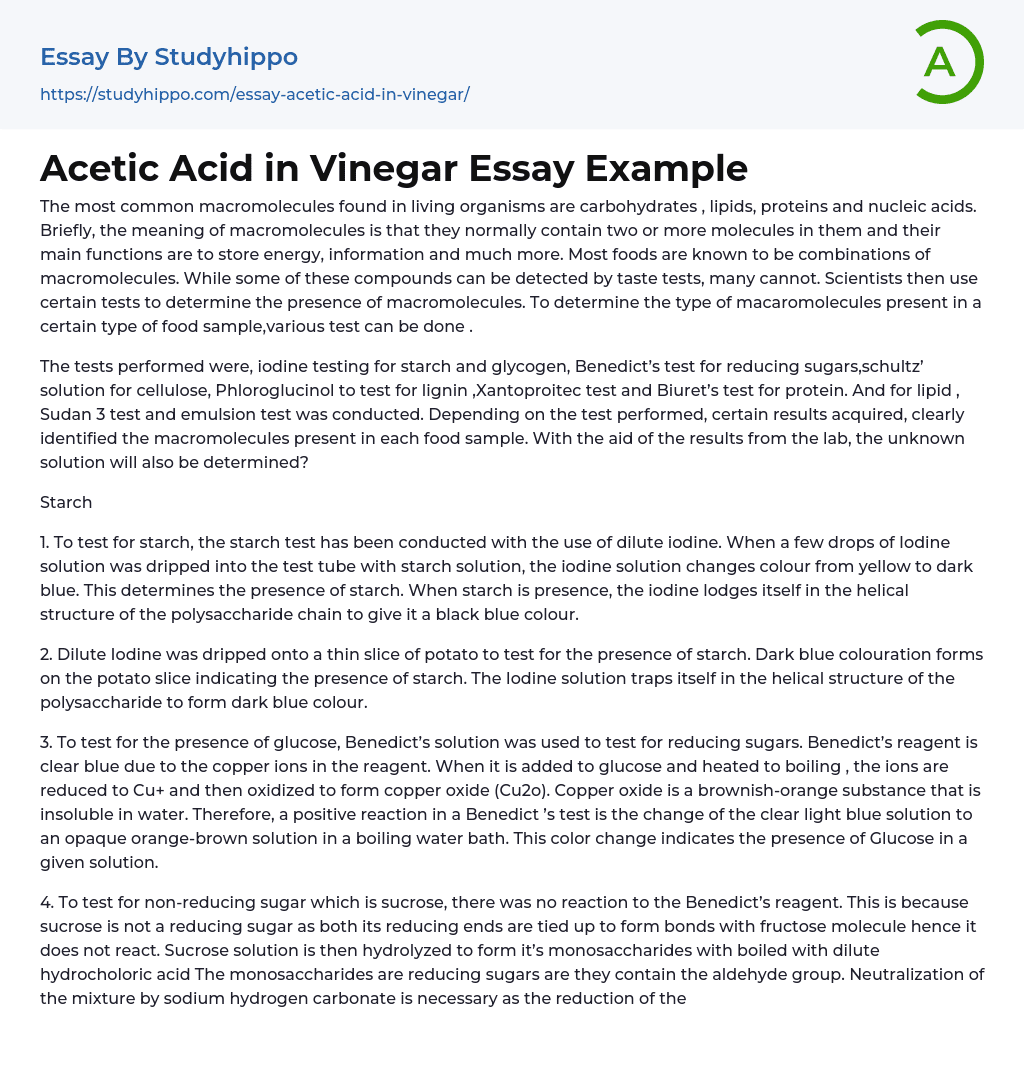 Acetic Acid in Vinegar Essay Example