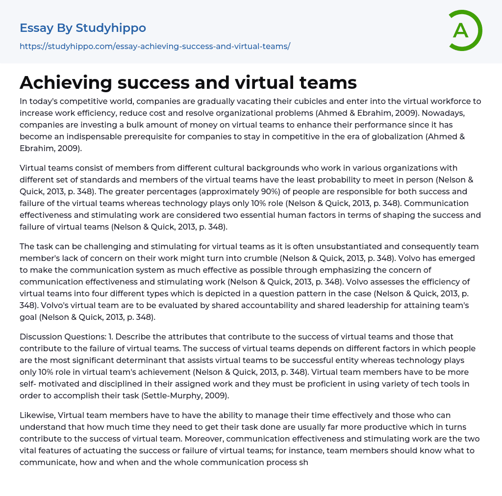 Achieving success and virtual teams Essay Example