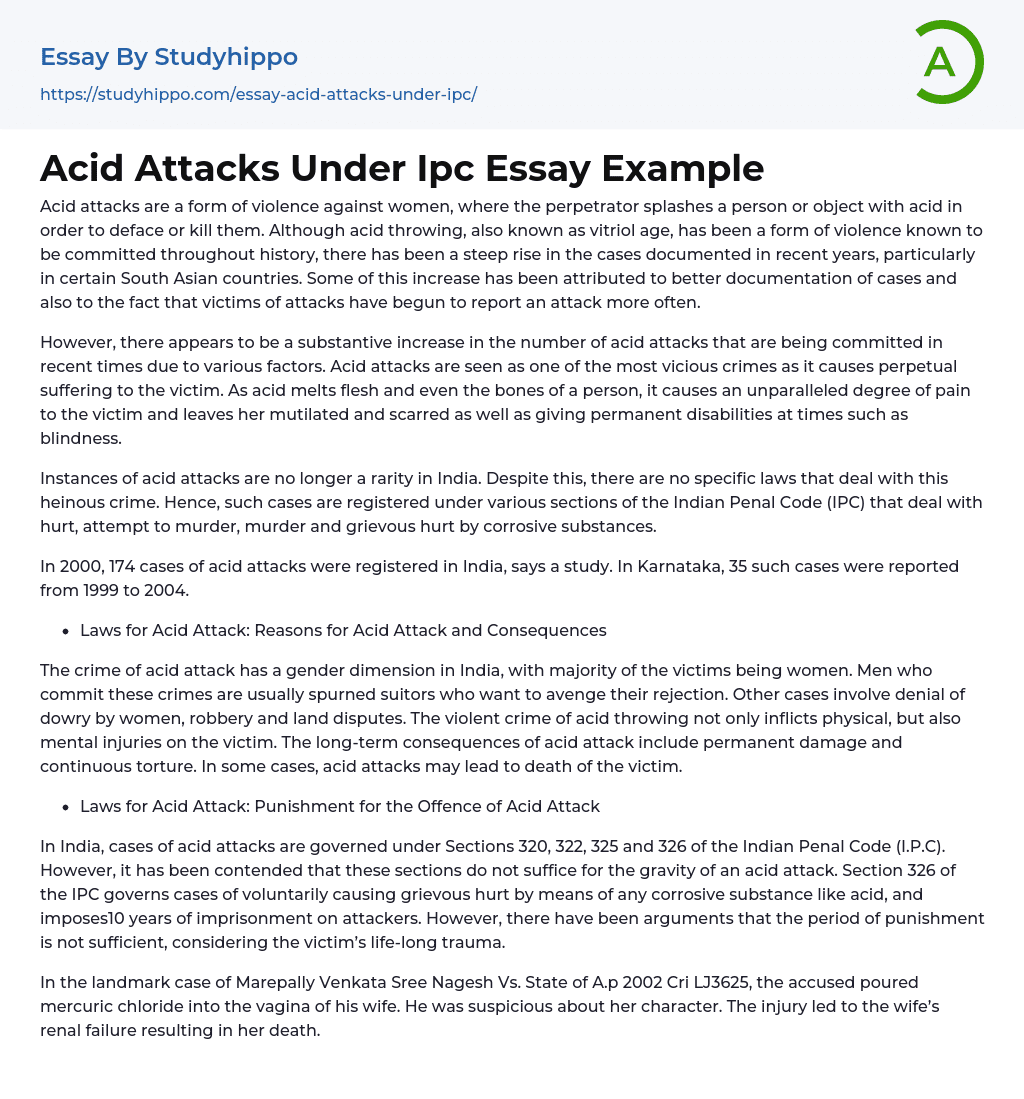 Acid Attacks Under Ipc Essay Example
