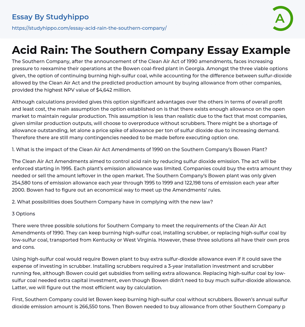 Acid Rain: The Southern Company Essay Example