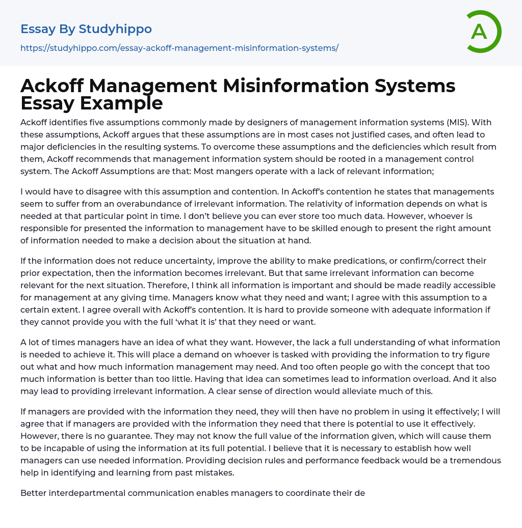 Ackoff Management Misinformation Systems Essay Example