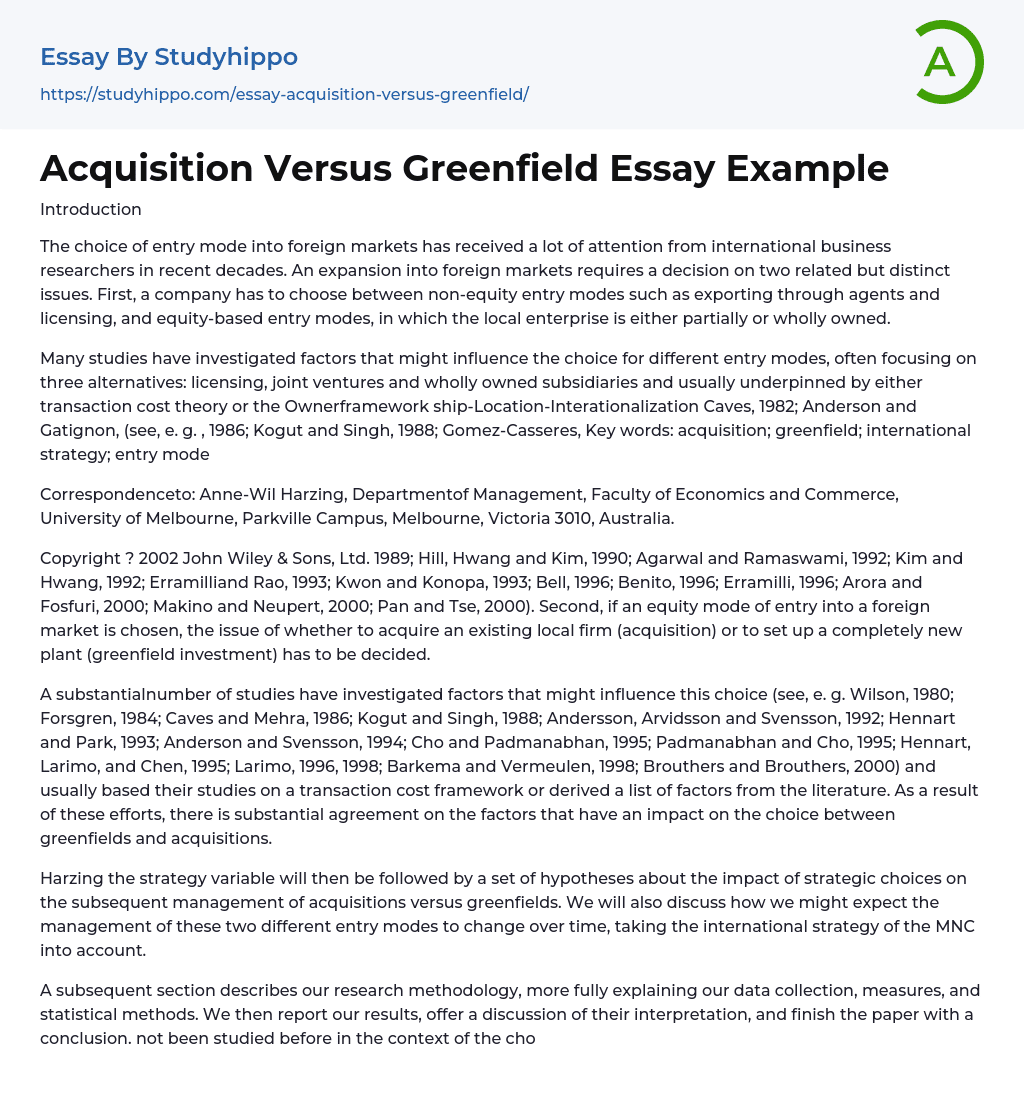 Acquisition Versus Greenfield Essay Example