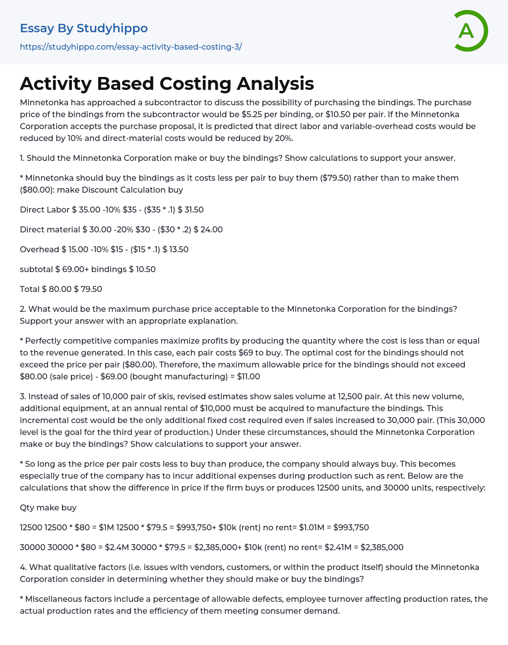 Activity Based Costing Analysis Essay Example