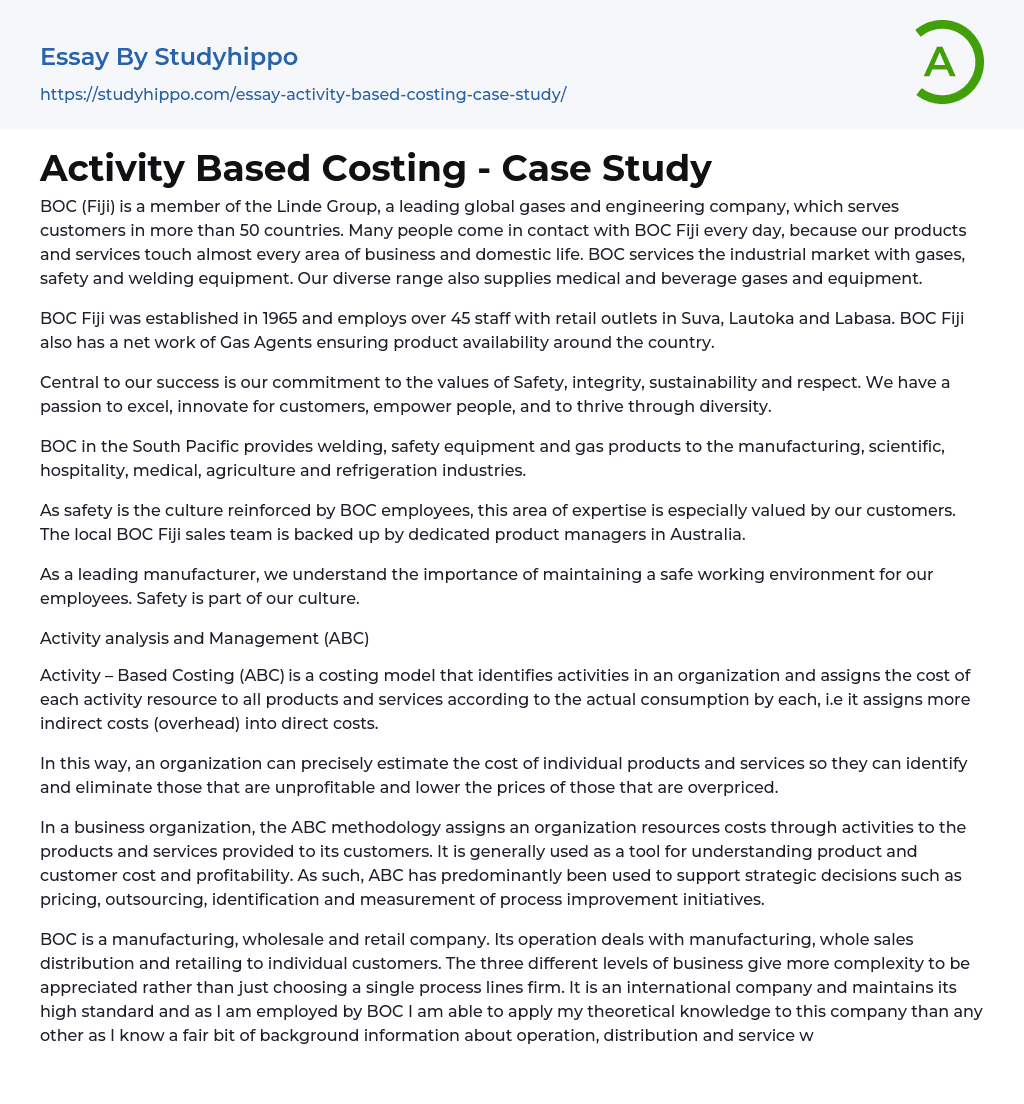 activity based costing case study examples