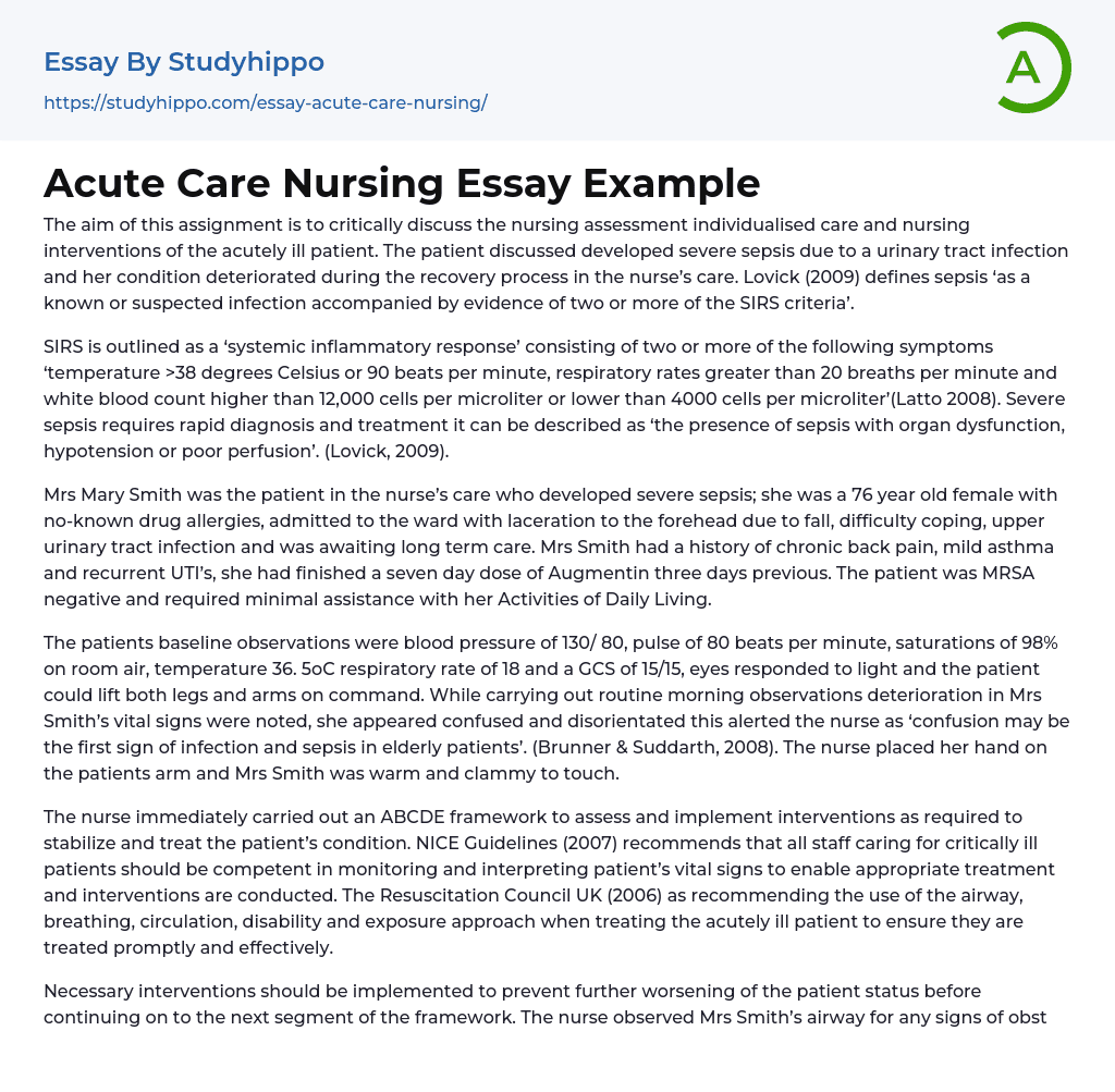 Acute Care Nursing Essay Example