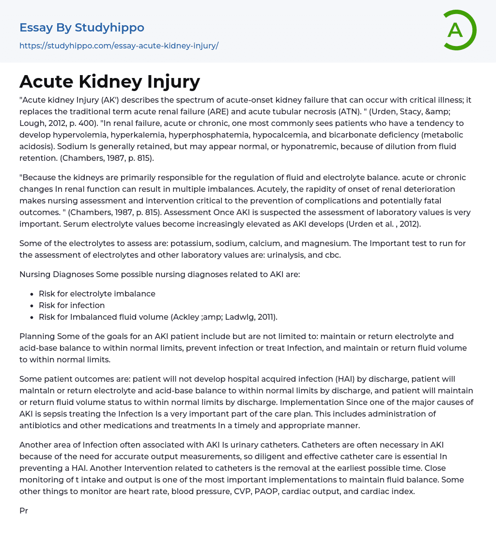 Acute Kidney Injury Essay Example