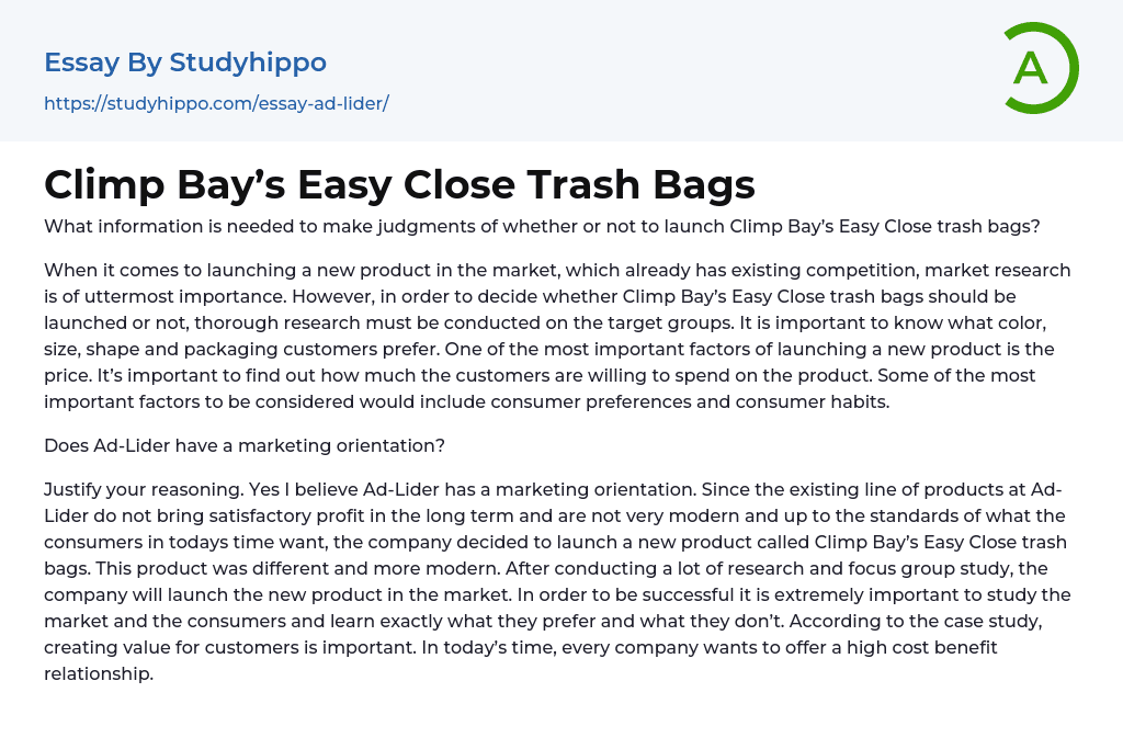 Climp Bay’s Easy Close Trash Bags Essay Example