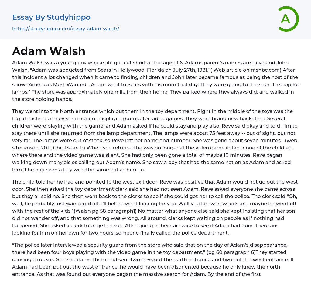 Adam Walsh Essay Example
