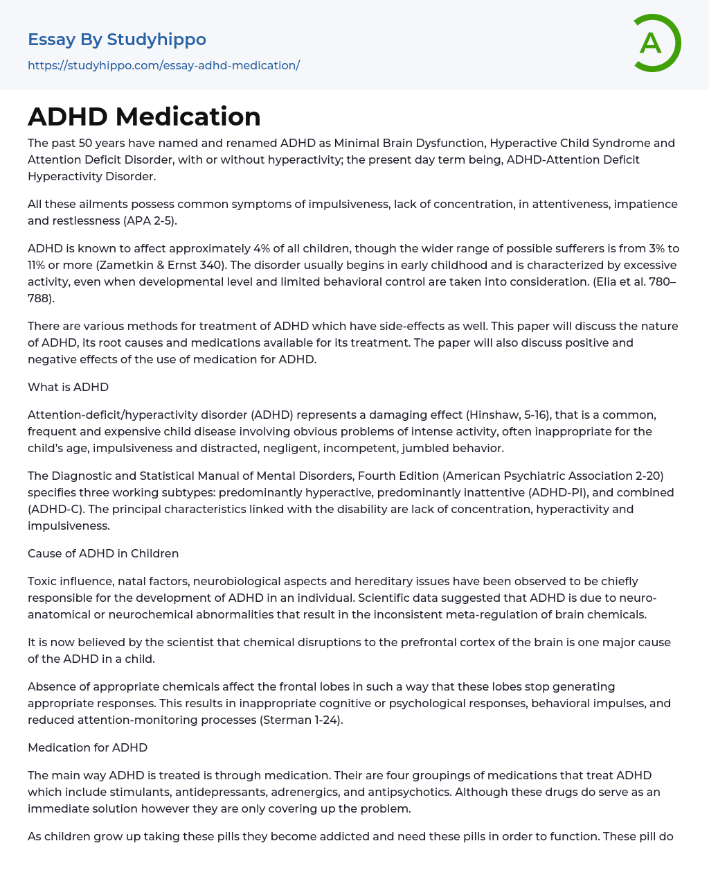 ADHD Medication Essay Example