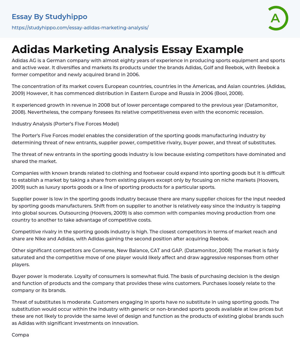 Adidas Marketing Analysis Essay Example
