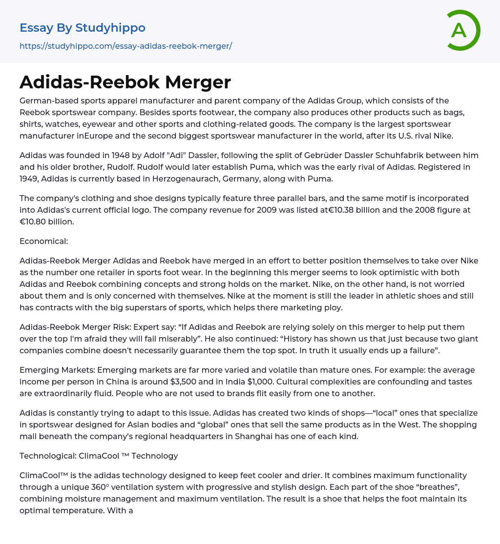 Adidas-Reebok Merger Essay Example