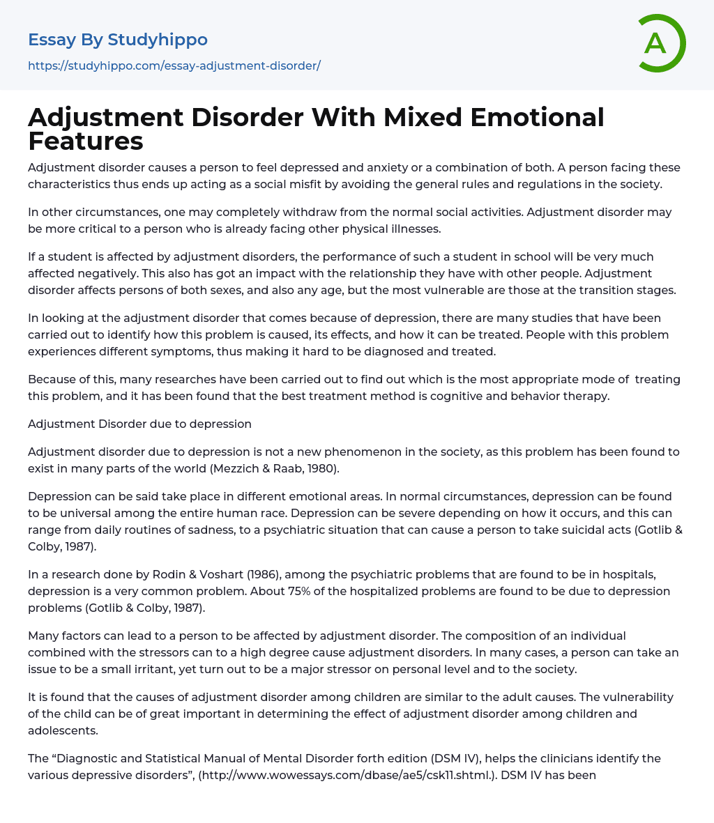 Adjustment Disorder With Mixed Emotional Features Essay Example 