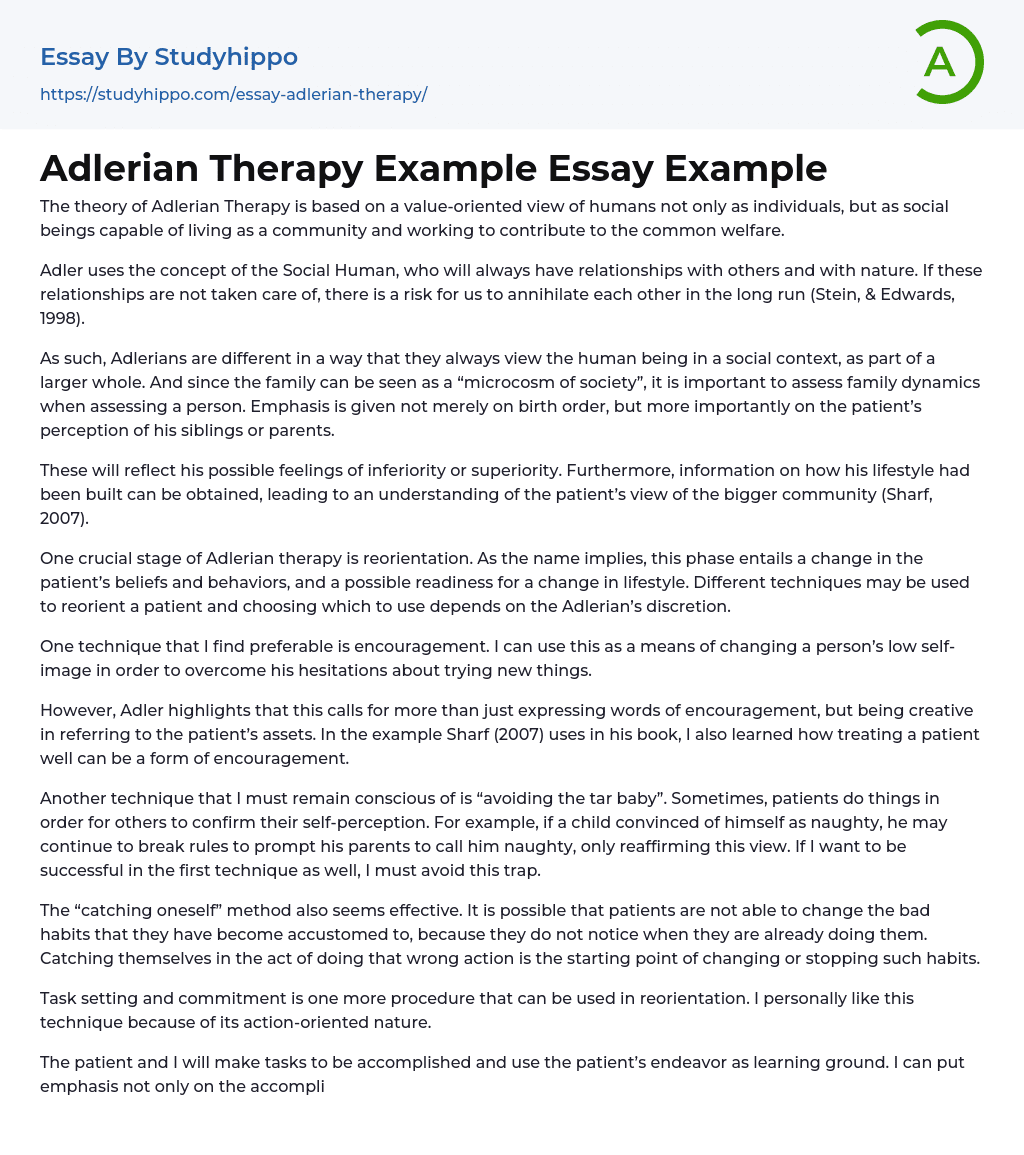 Adlerian Therapy Example Essay Example