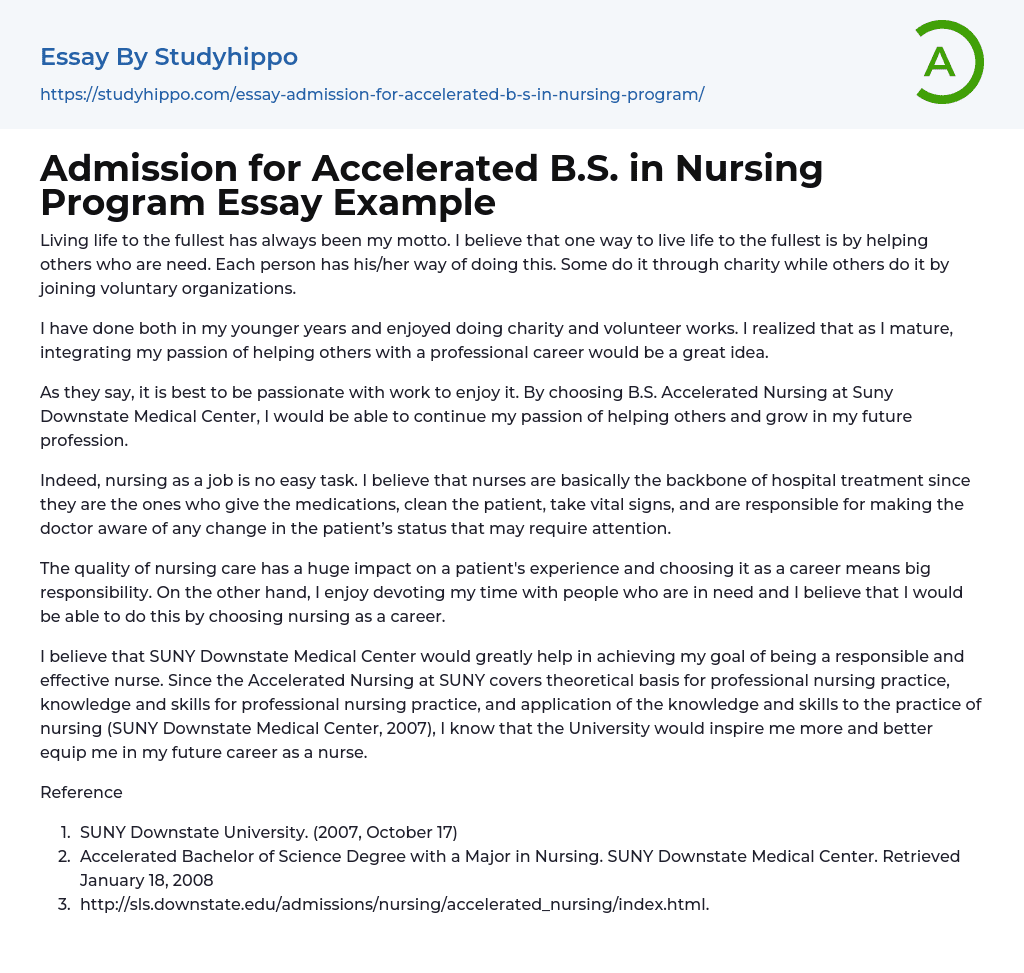 Admission for Accelerated B.S. in Nursing Program Essay Example