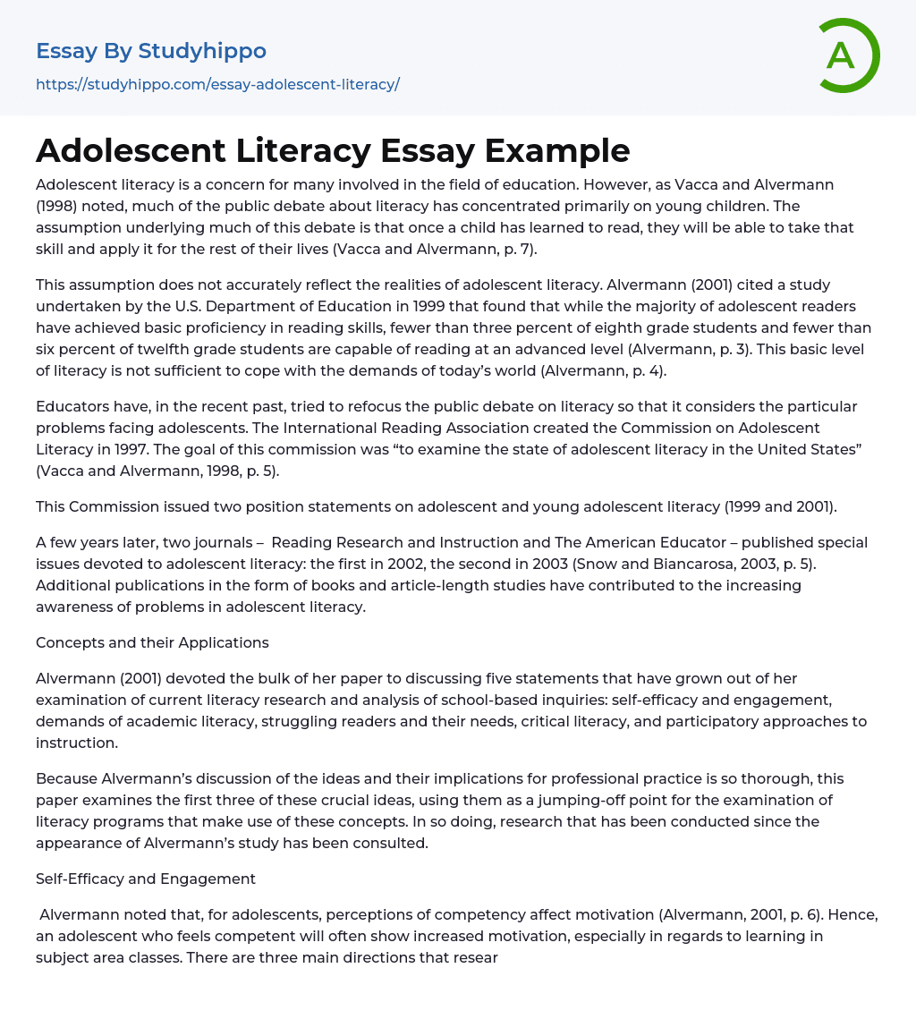 Adolescent Literacy Essay Example
