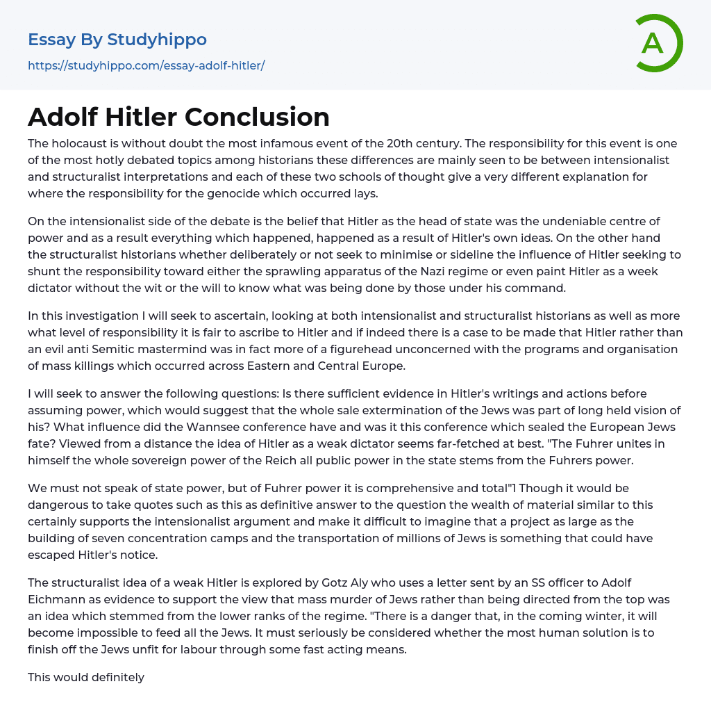 Adolf Hitler Conclusion Essay Example